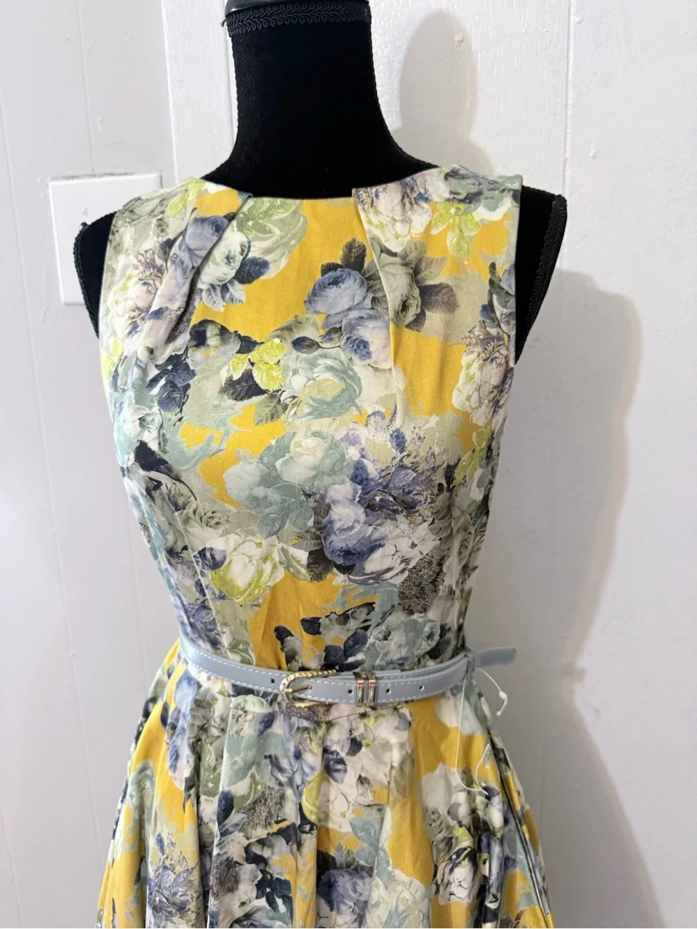 Yellow Floral Fit-and-Flare Mini Dress with Belt